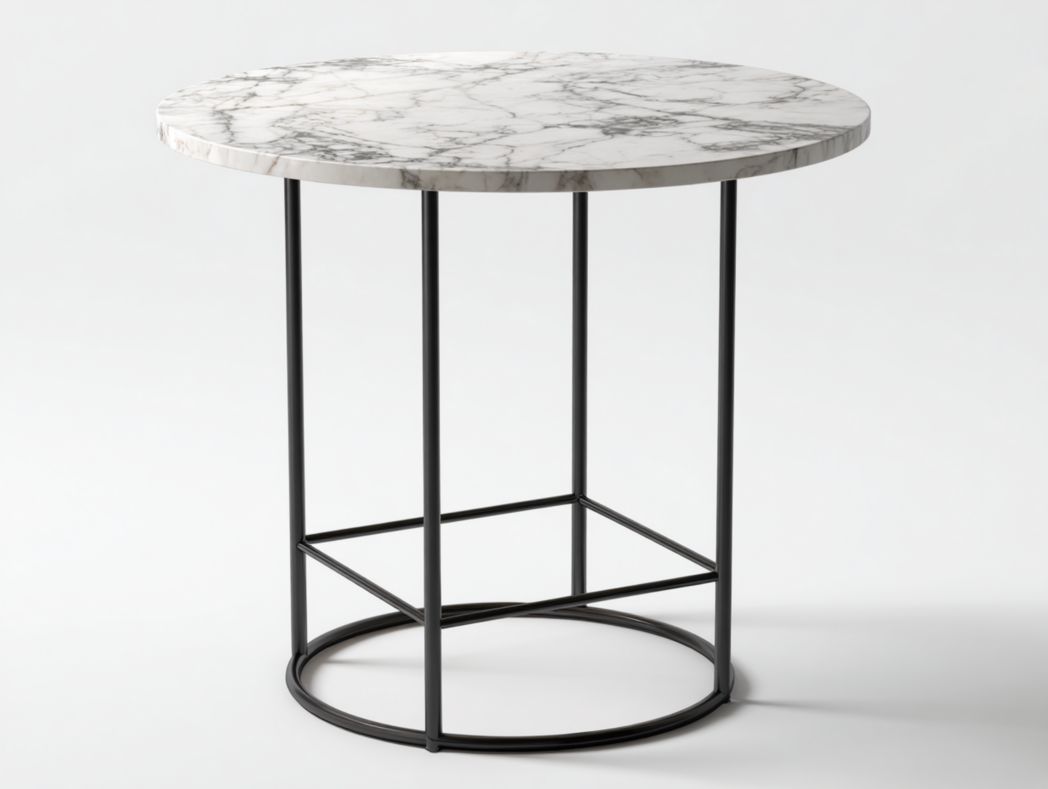 Table mange debout ronde en marbre blanc avec piètement en métal noir