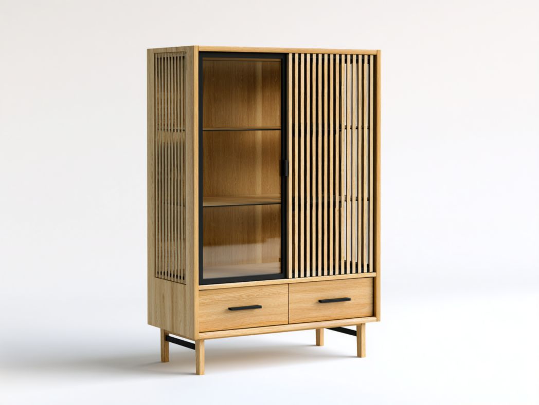 Vitrine en bois et verre avec porte vitrée, porte à lattes et 2 tiroirs bas