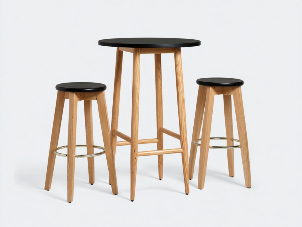 Ensemble mange debout nordique bois et métal avec 2 tabourets hauts