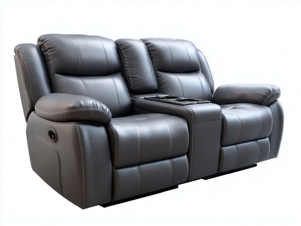Canapé 2 places en cuir gris avec fonction relax manuelle et accoudoir central porte-gobelets