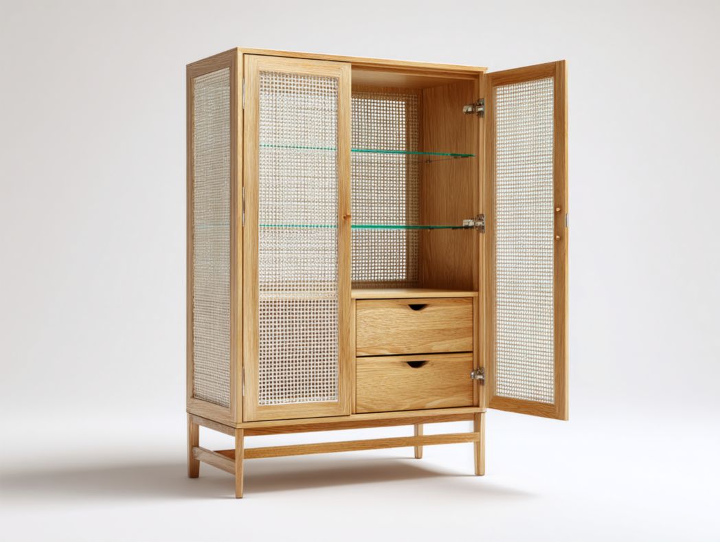 Vaisselier en bois et rotin, 2 portes, 2 tiroirs et étagères en verre