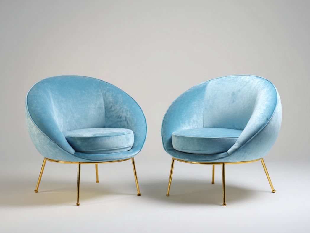 Lot de 2 fauteuils en velours bleu clair avec dossier arrondi et pieds dorés en métal
