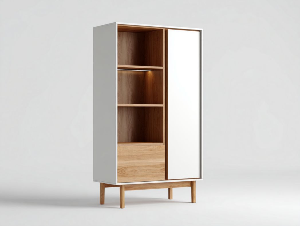 Vitrine scandinave en bois et verre avec porte unique et étagères