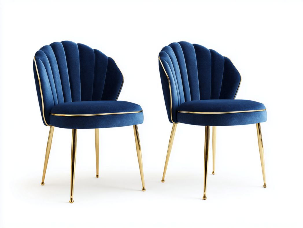 Lot de 2 chaises en velours bleu avec dossier coquille et pieds dorés en métal