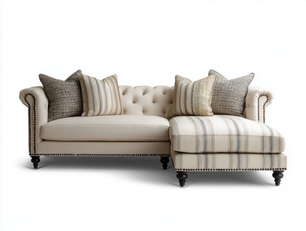 Canapé 2 places avec méridienne en tissu beige capitonné et accoudoirs roulés avec coussins inclus