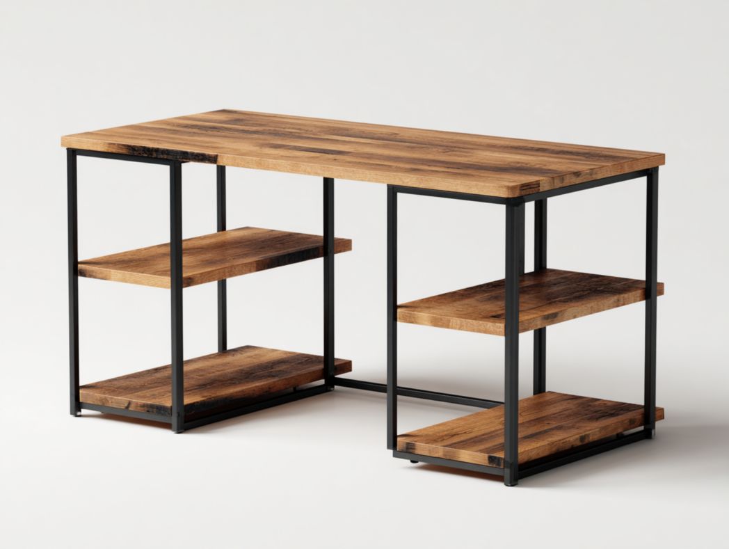 Table mange debout industrielle bois et métal avec étagères latérales
