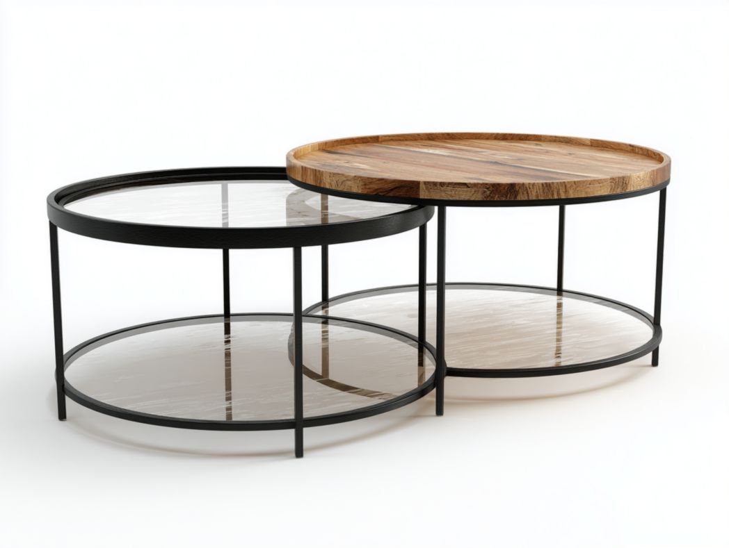Ensemble de tables basses rondes avec plateau en bois et étagère en verre