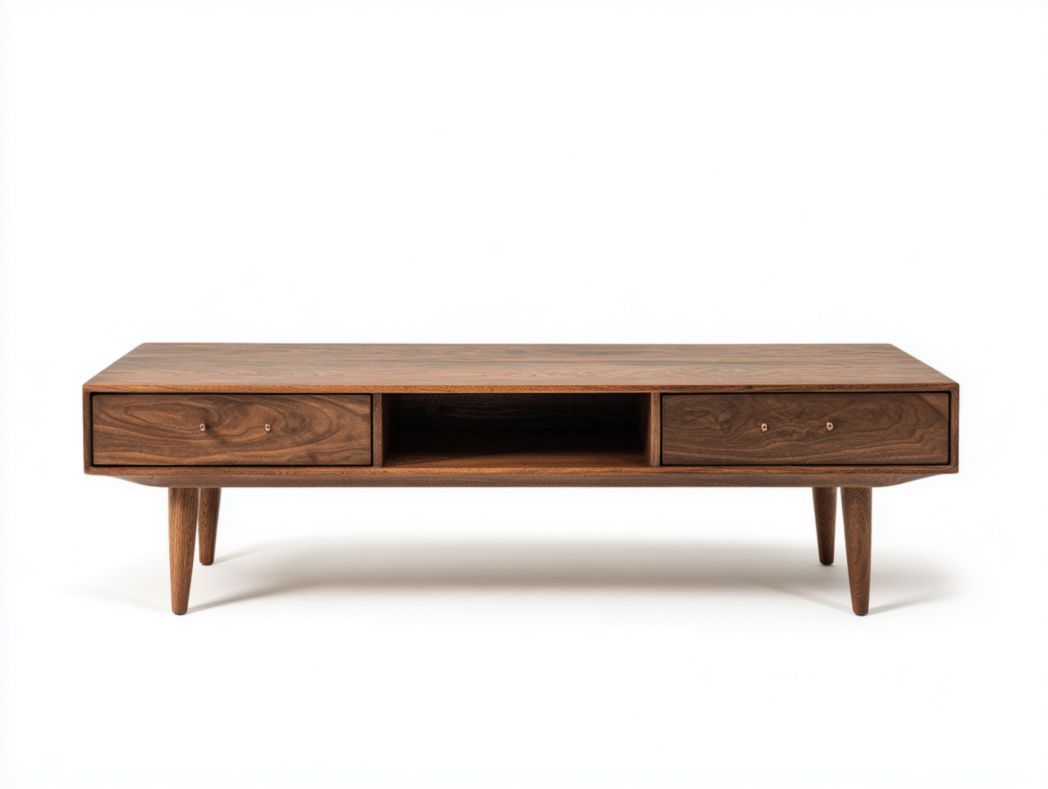 Table basse rectangulaire noyer avec deux tiroirs et niche de rangement