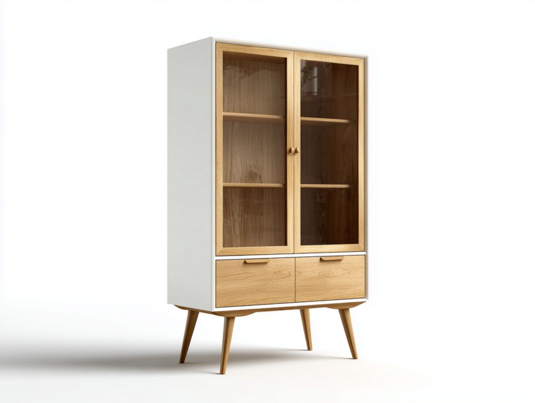 Vaisselier moderne bois et blanc avec portes vitrées et 2 tiroirs