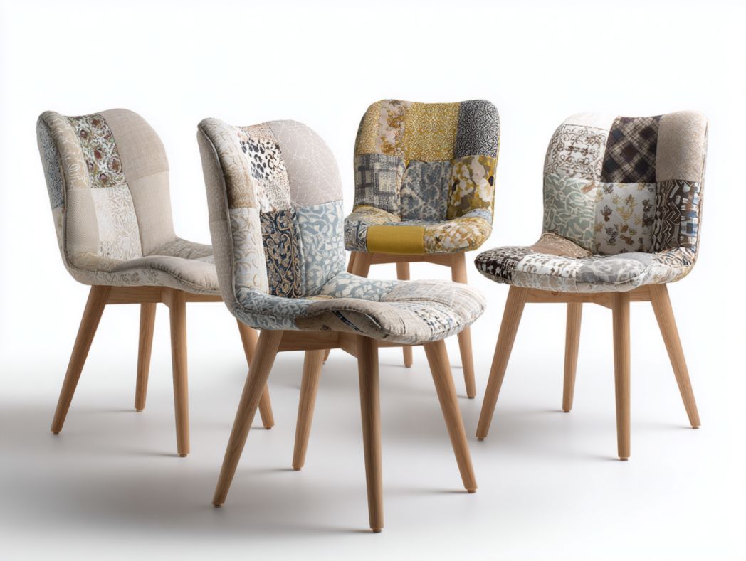 Lot de 4 chaises en bois avec assise et dossier capitonnés en tissu patchwork