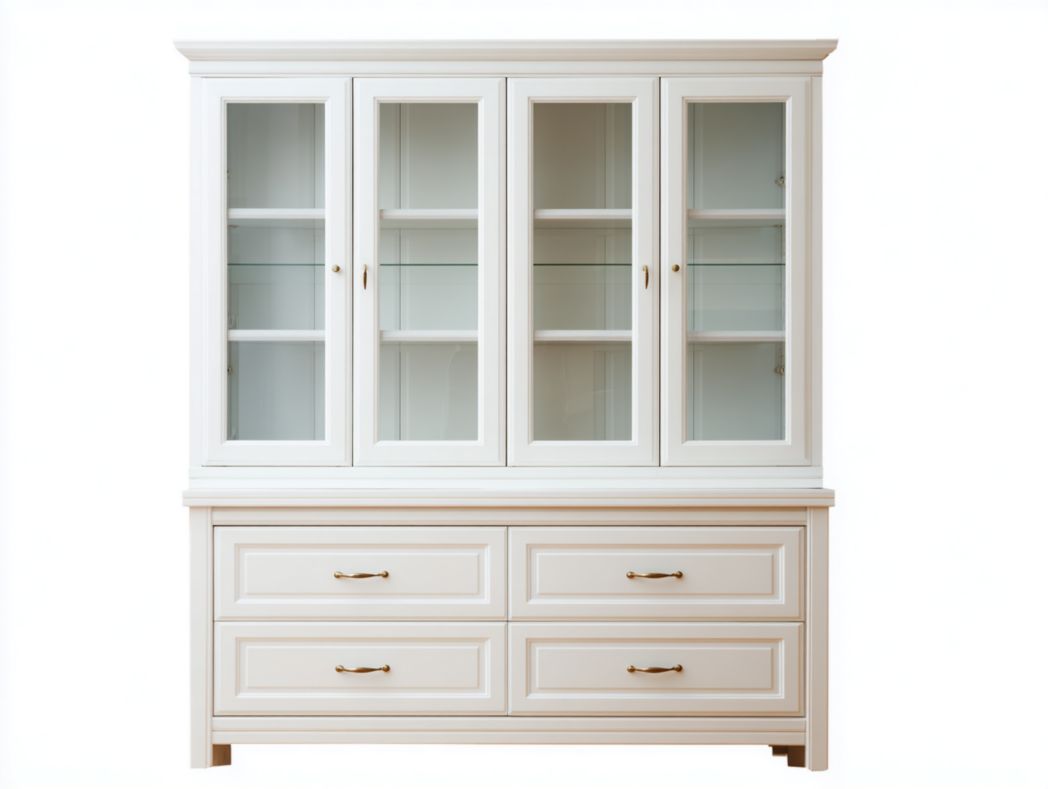 Vaisselier blanc en bois avec quatre portes vitrées et quatre tiroirs