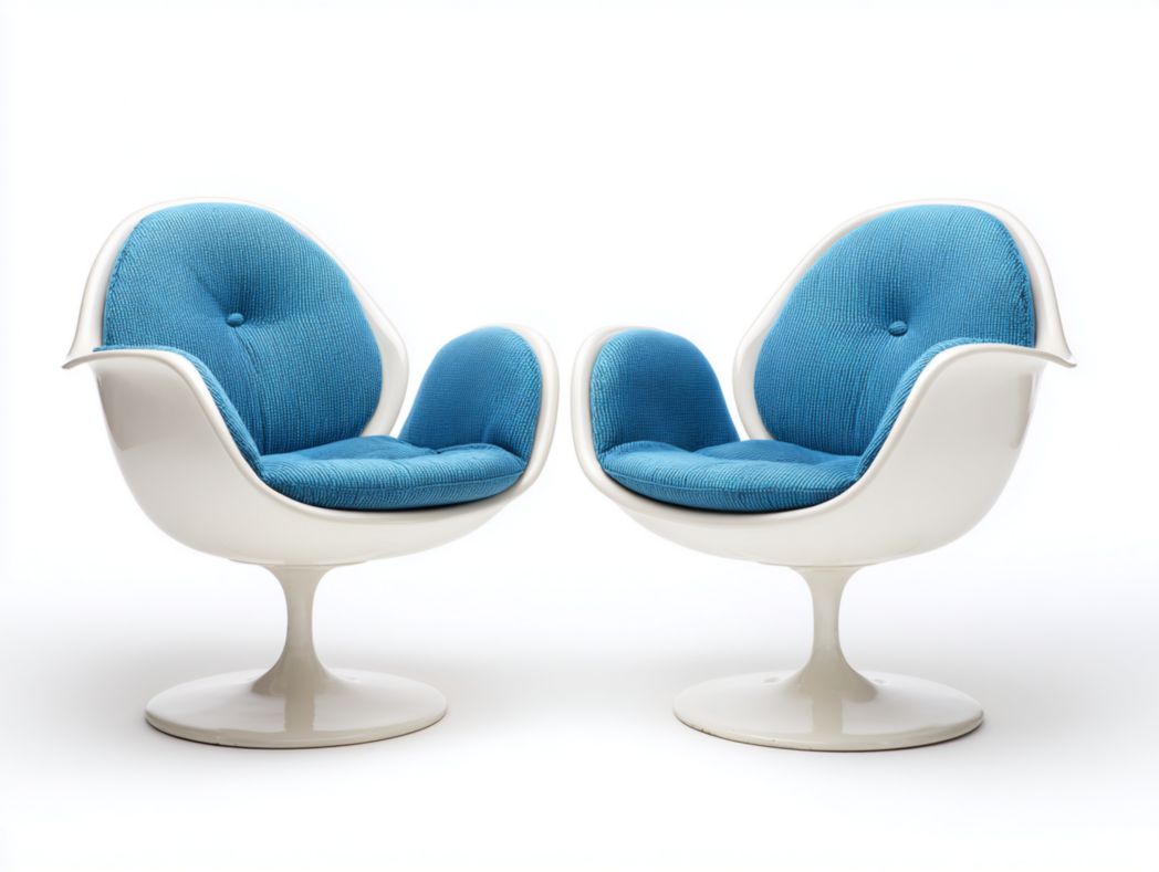 Lot de 2 chaises coque blanches avec coussins bleus et base ronde
