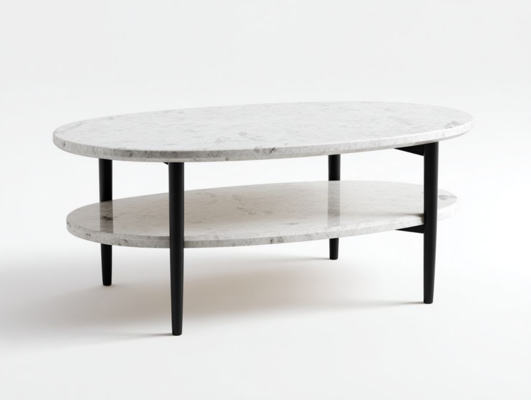 Table basse ovale effet marbre blanc avec double plateau de rangement