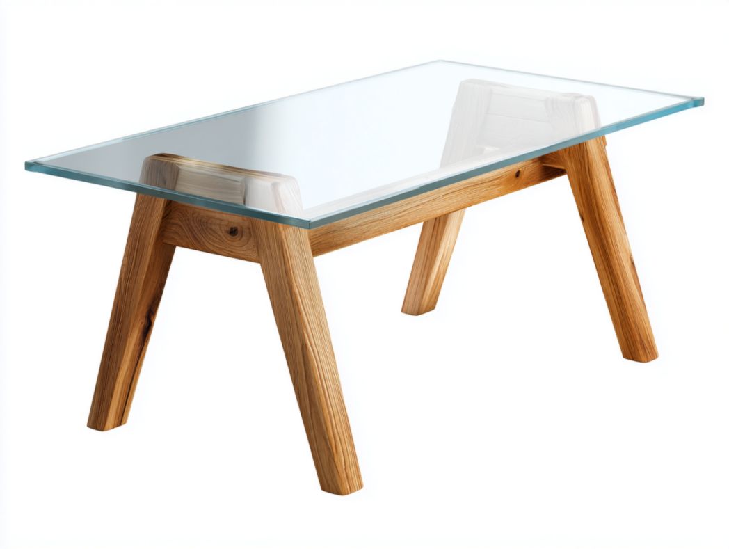 Table basse rectangulaire avec plateau en verre trempé et structure en bois massif