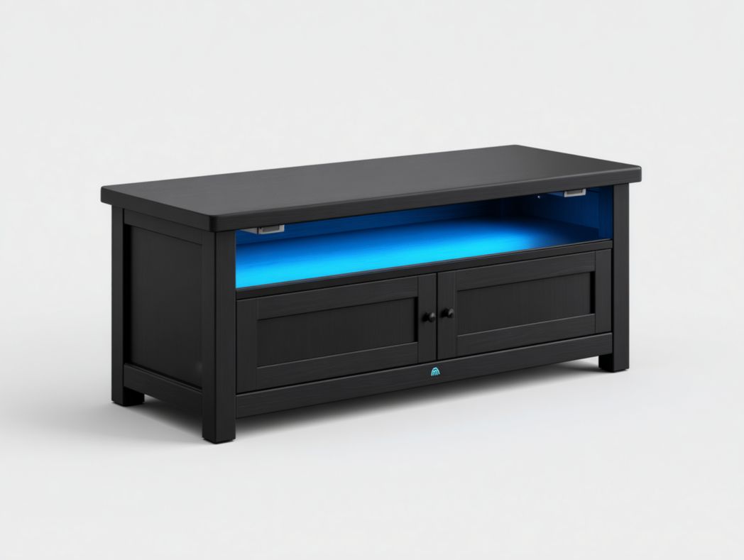Meuble TV en bois noir avec éclairage LED, niche ouverte et armoire à deux portes