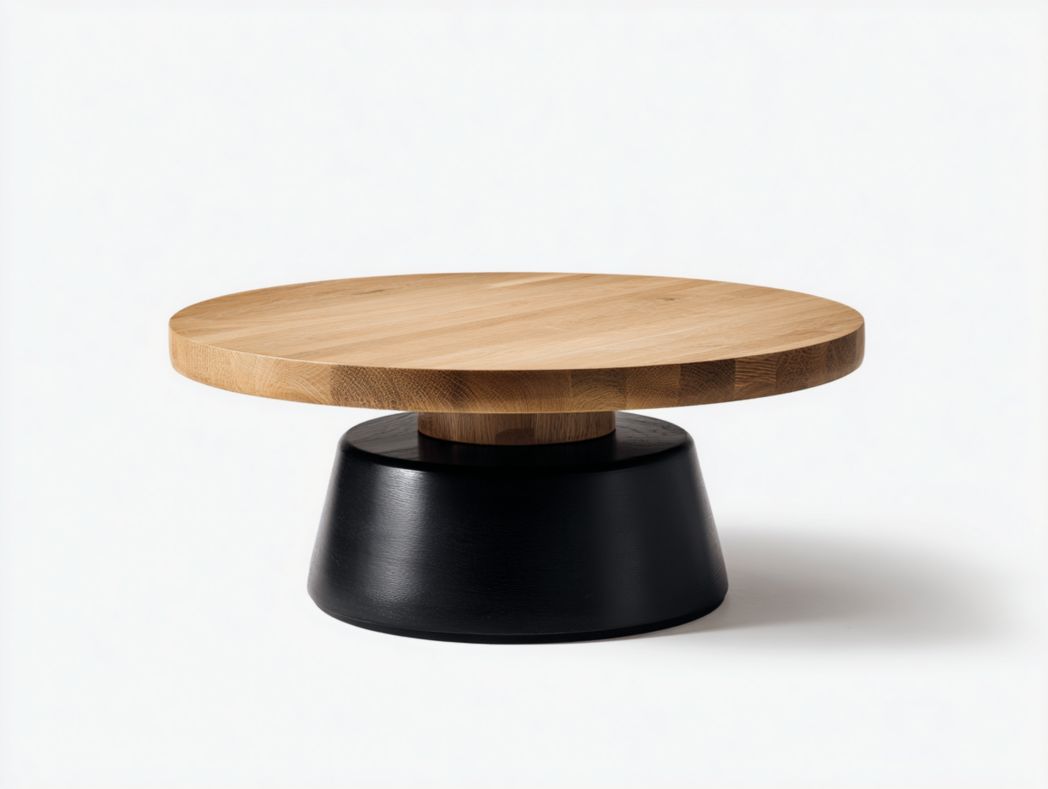 Table basse ronde bois naturel et base noire design moderne