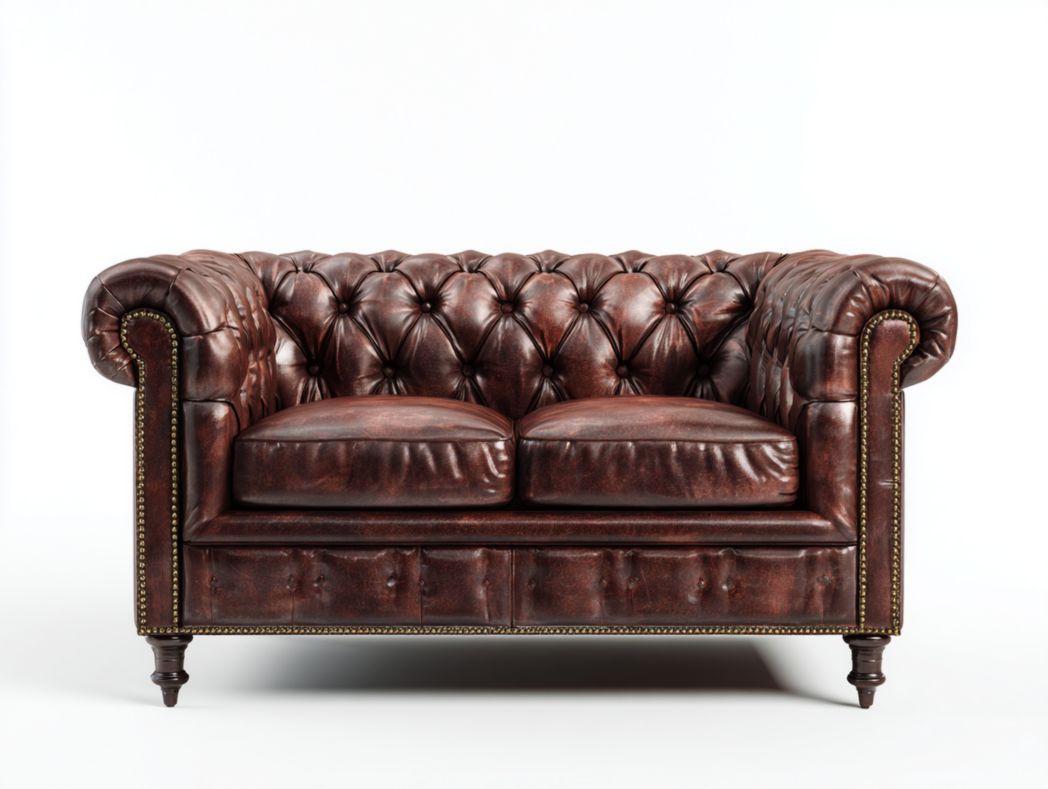 Canapé 2 places en similicuir marron avec dossier capitonné, accoudoirs roulés et clous décoratifs