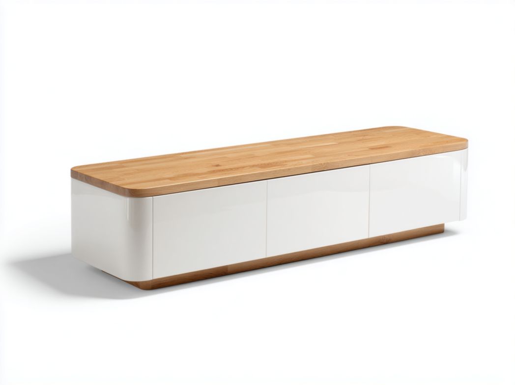 Meuble TV blanc avec plateau en bois naturel, 3 portes de rangement