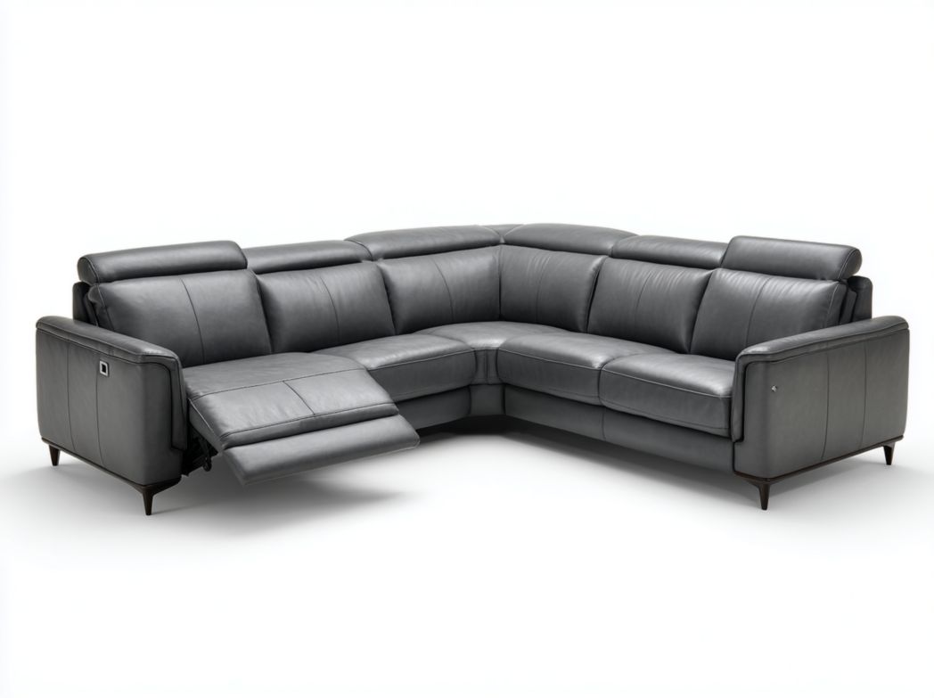 Canapé d’angle en cuir gris foncé avec fonction relax électrique et dossier segmenté