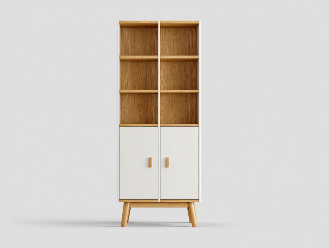 Vaisselier haut blanc et bois avec 3 étagères ouvertes et armoire à 2 portes