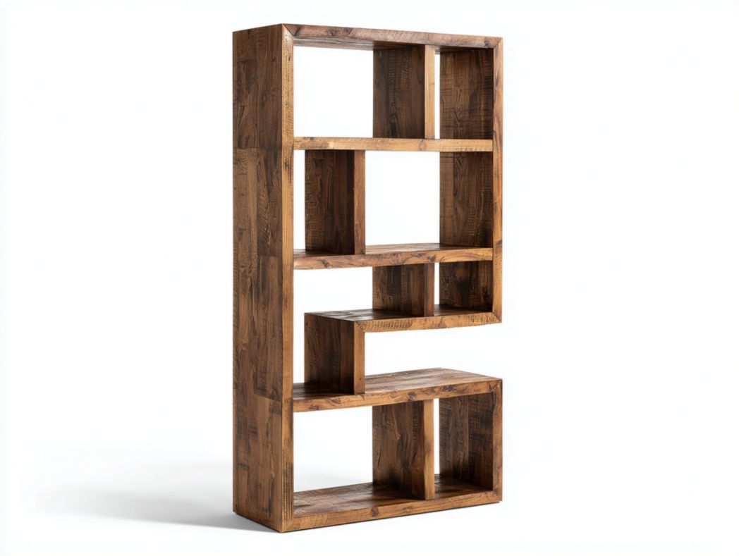 Vaisselier 6 compartiments ouverts en bois MDF, finition noyer foncé, design géométrique