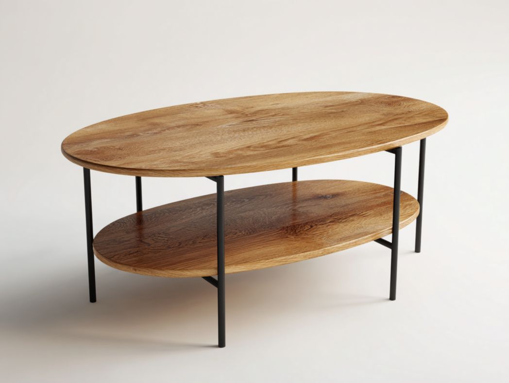 Table basse ovale à deux niveaux – plateau bois et structure métal – espace de rangement ouvert