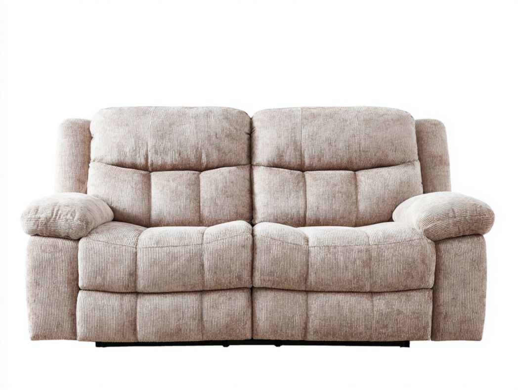 Canapé 2 places en tissu côtelé beige avec dossier matelassé et accoudoirs larges