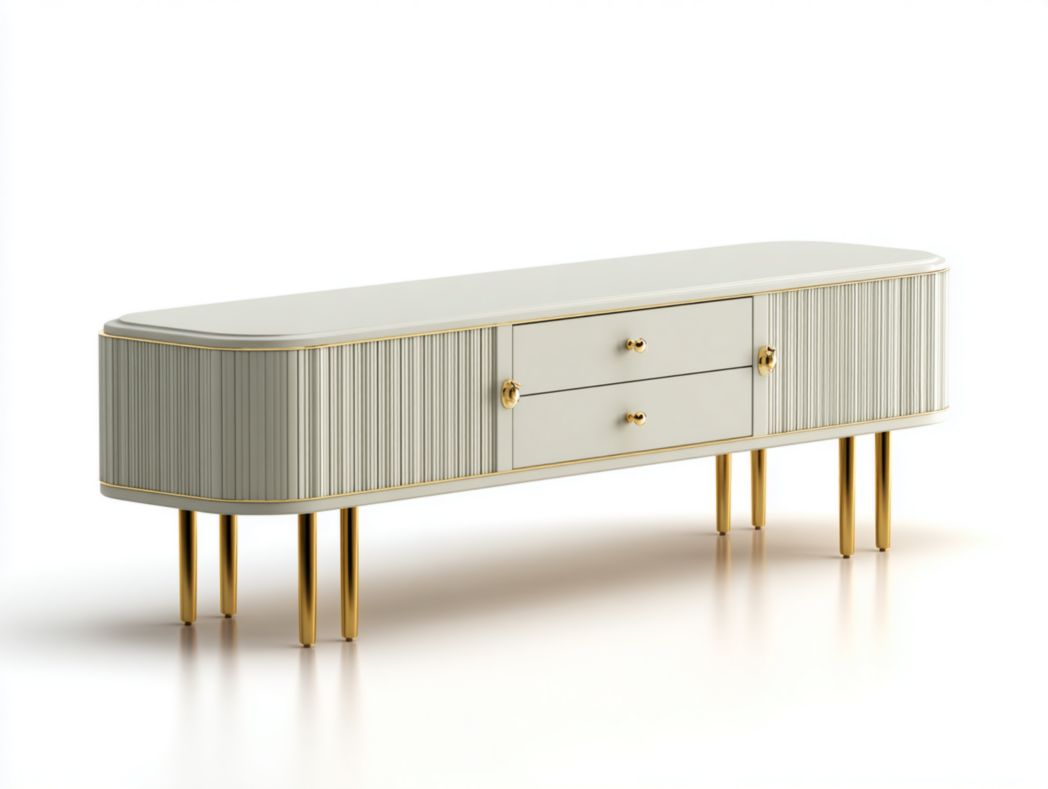 Meuble TV moderne blanc cassé avec pieds dorés et double tiroir