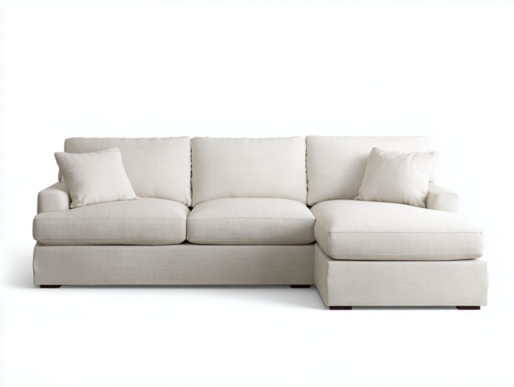 Canapé d’angle en tissu beige avec méridienne et 2 coussins