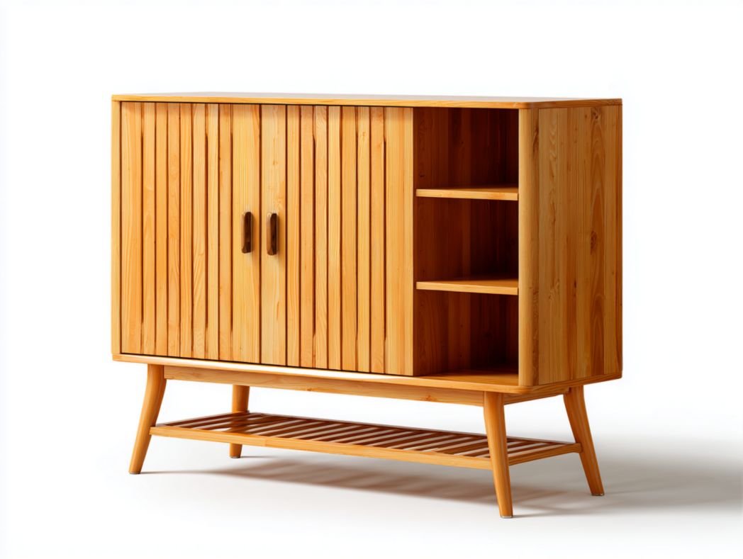Vaisselier scandinave en bois naturel avec 2 portes, niches ouvertes et étagère basse ajourée