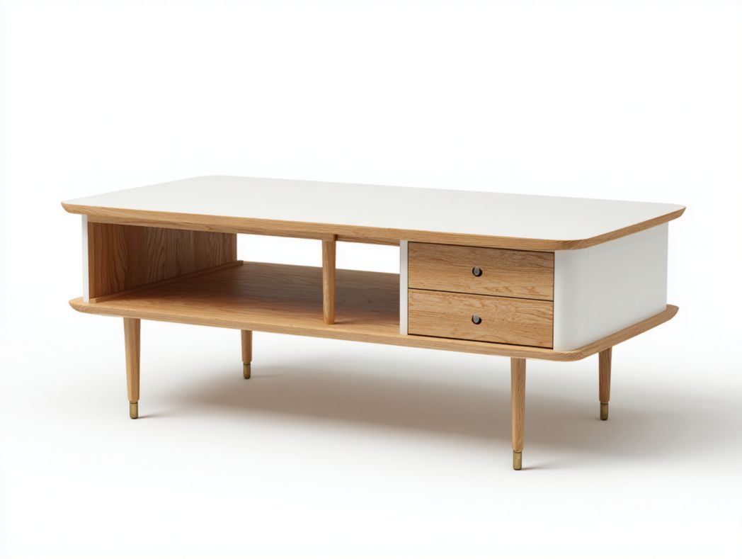 Table basse rectangulaire bois et blanc avec tiroirs et rangement ouvert
