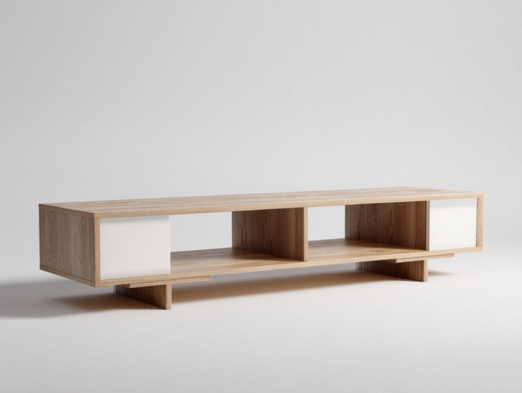 Meuble TV moderne en bois clair avec deux niches ouvertes et détails blancs