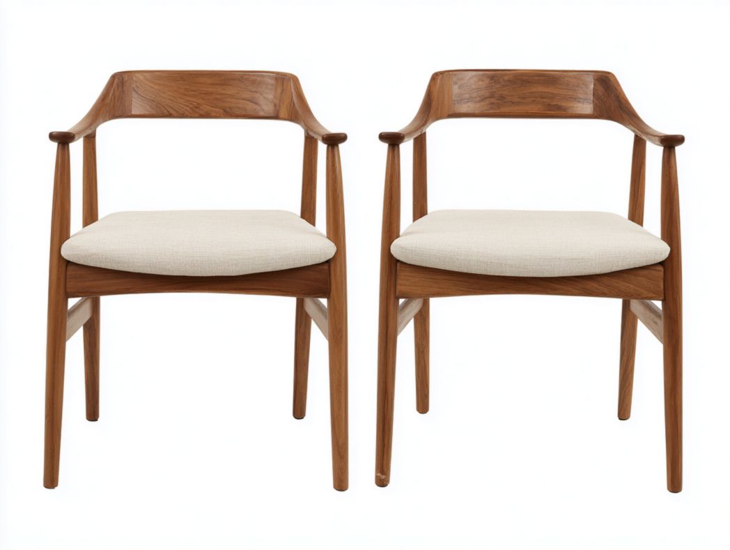 Lot de 2 chaises en bois massif avec dossier incurvé et assise en tissu beige