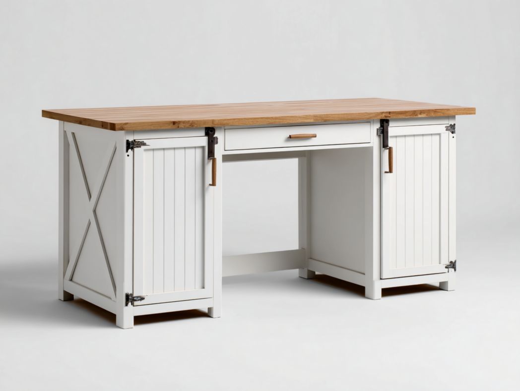 Meuble de bar style campagne blanc avec plateau en bois massif et rangements