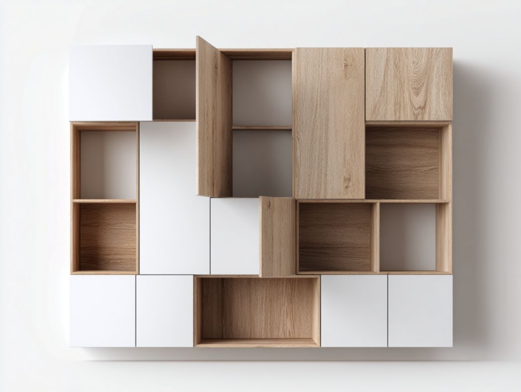 Meuble bar mural nordique en bois et blanc avec rangements modulaires