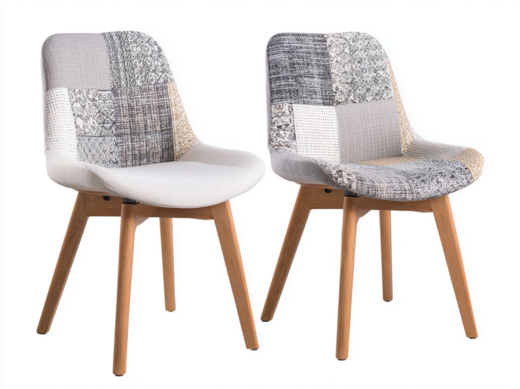 Lot de 2 chaises patchwork scandinaves avec assise en tissu et pieds en bois