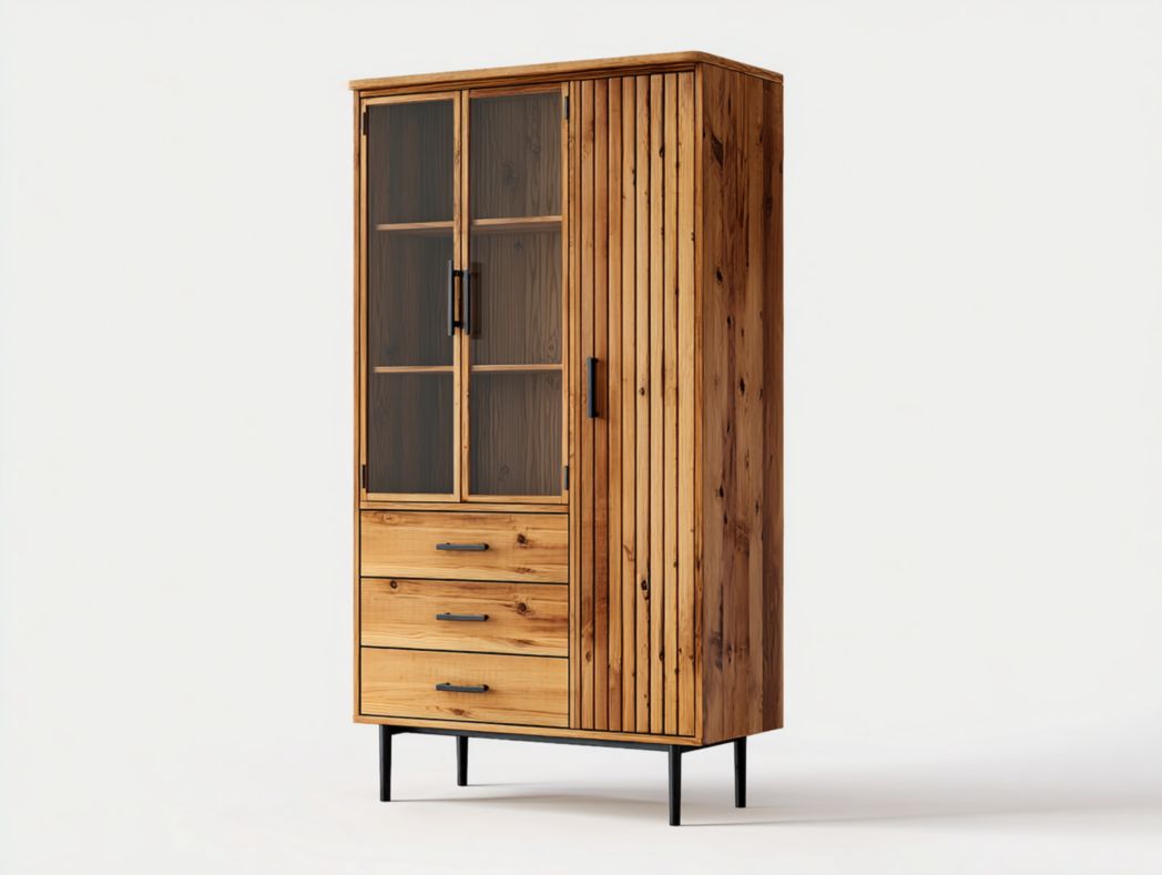 Vaisselier haut en bois avec vitrine en verre, porte latérale et 3 tiroirs