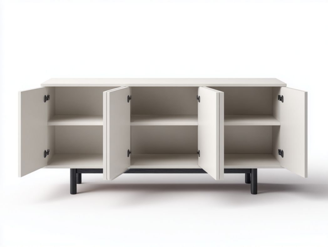 Buffet moderne blanc à 6 portes avec pieds noirs