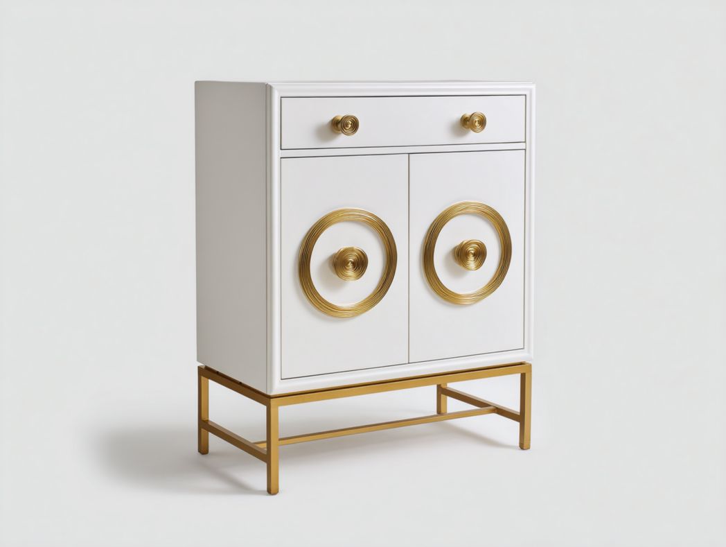 Buffet haut blanc avec poignées dorées sculptées et base en métal