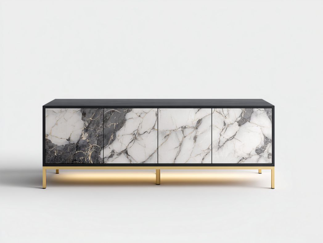 Buffet moderne luxe à 4 portes effet marbre blanc avec structure noire et pieds dorés