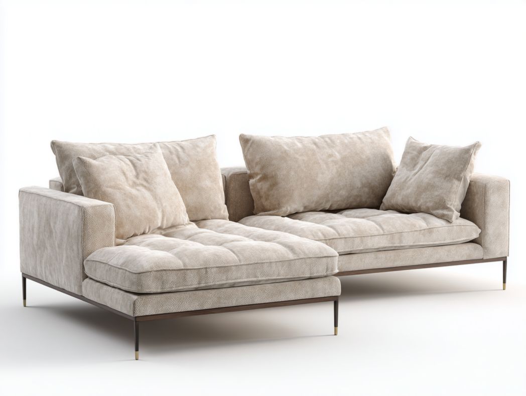 Canapé d’angle en tissu beige clair avec 3 places, 2 coussins de dossier et 2 coussins décoratifs, pieds fins en métal