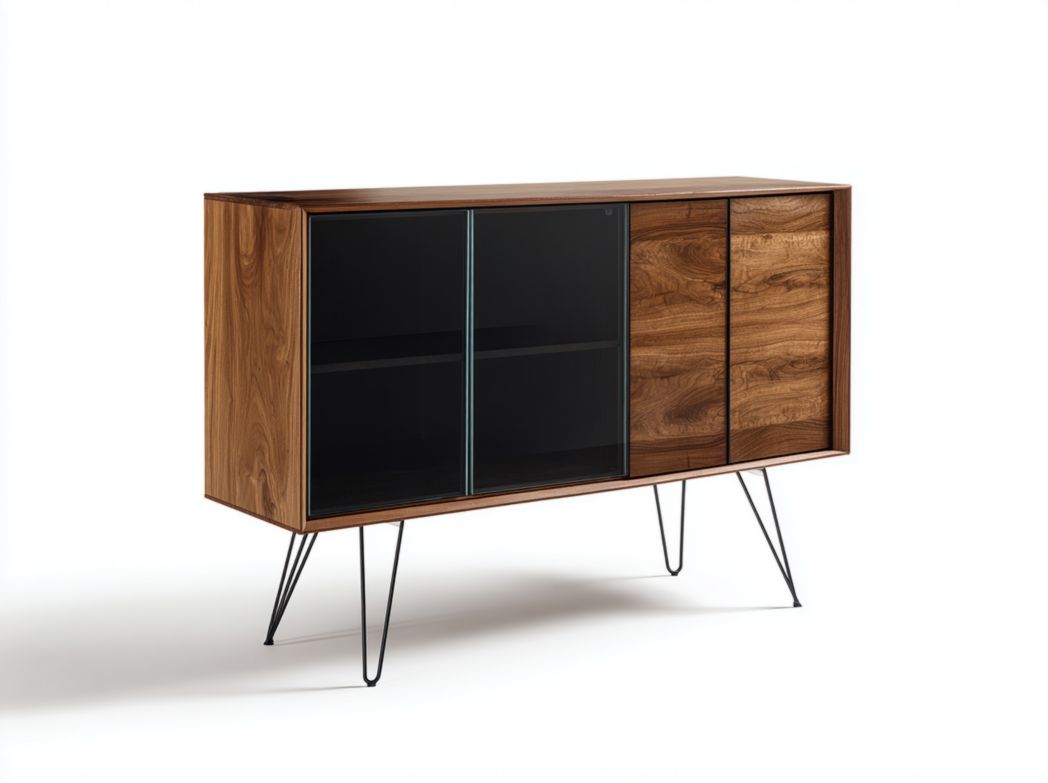 Buffet haut moderne en noyer avec portes vitrées noires et pieds en métal