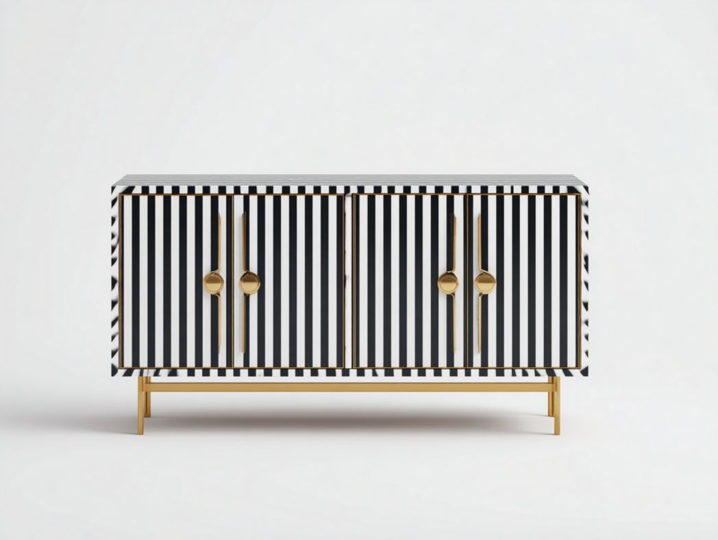 Buffet design moderne à 4 portes rayures noires et blanches avec finitions dorées