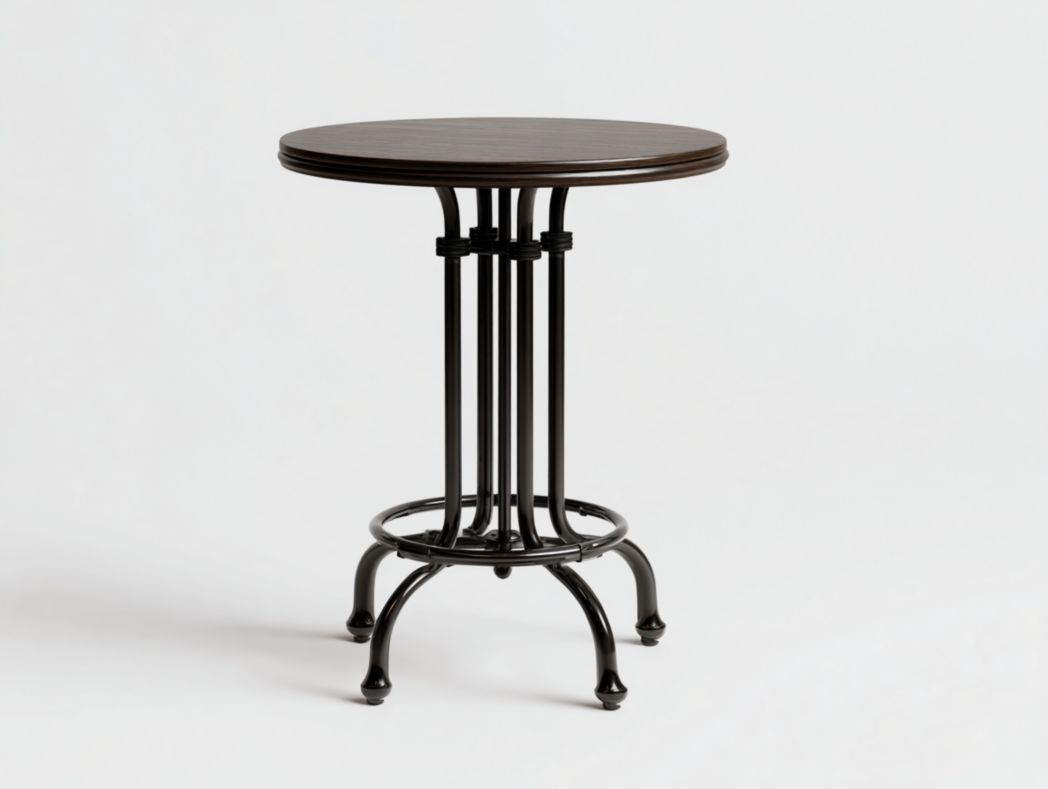 Table mange debout ronde vintage avec plateau bois foncé et piètement en métal noir