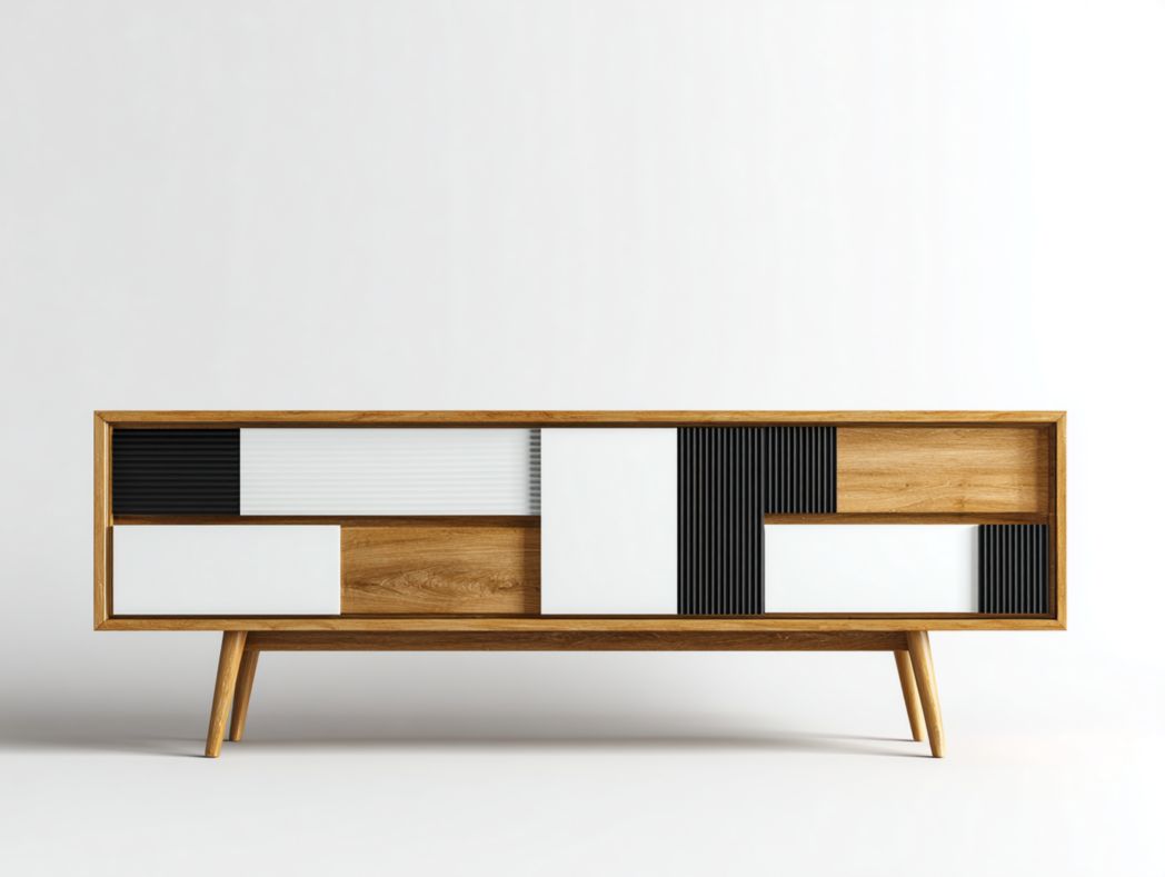 Meuble TV bois clair avec façades noires et blanches, design à portes coulissantes fermées