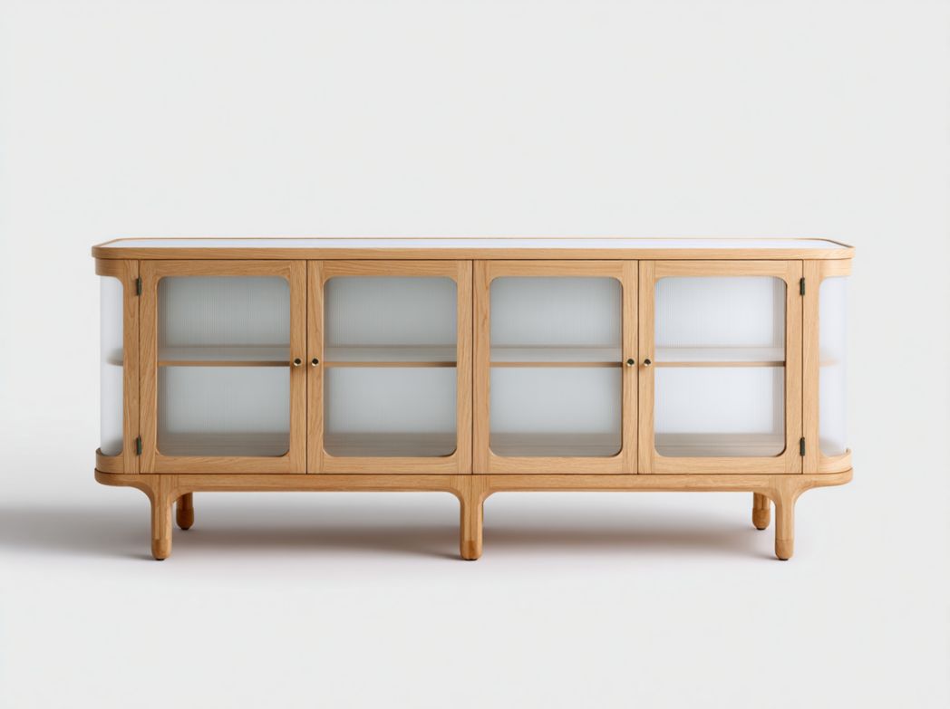 Buffet haut en bois clair avec 4 portes vitrées dépoli