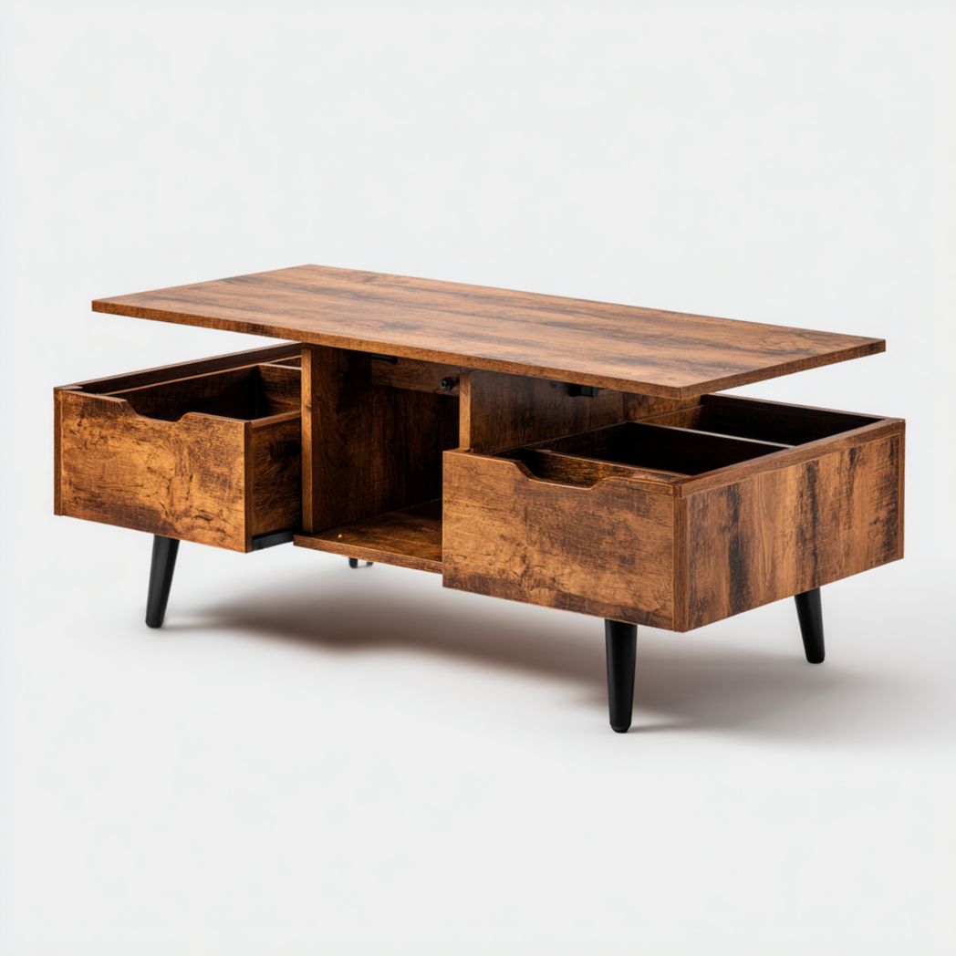 Table basse rectangulaire en bois vintage – 2 tiroirs de rangement et pieds noirs