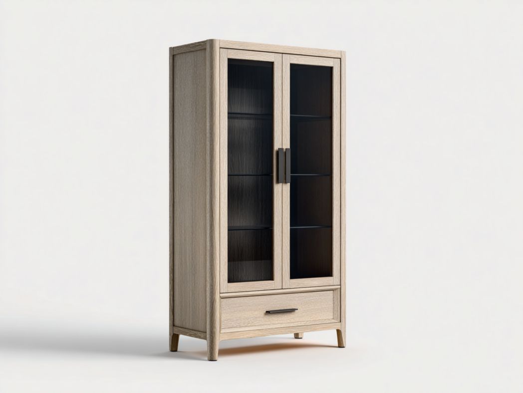 Vitrine en bois clair avec portes vitrées, étagères multiples et tiroir bas