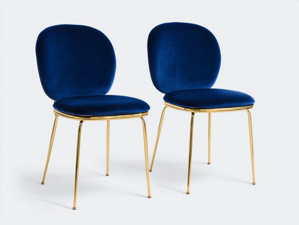 Lot de 2 chaises de salle à manger en velours bleu avec dossier arrondi et pieds métalliques dorés