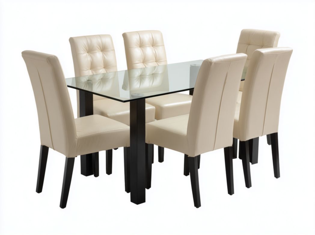 Ensemble salle à manger moderne avec table en verre trempé et 6 chaises haut dossier capitonnées